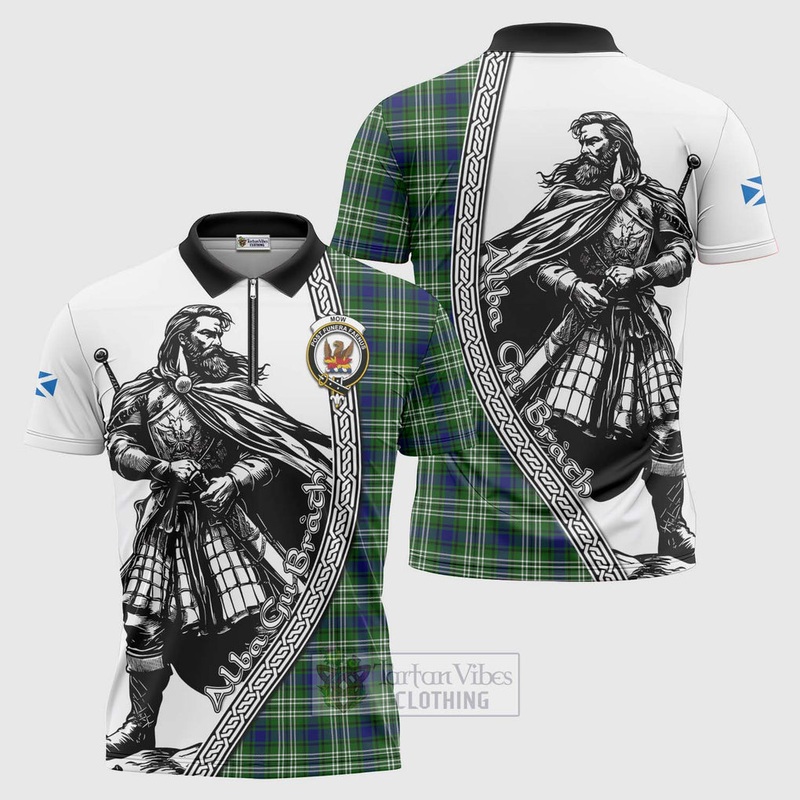 Mow Tartan Clan Crest Zipper Polo Shirt with Highlander Warrior Celtic Style