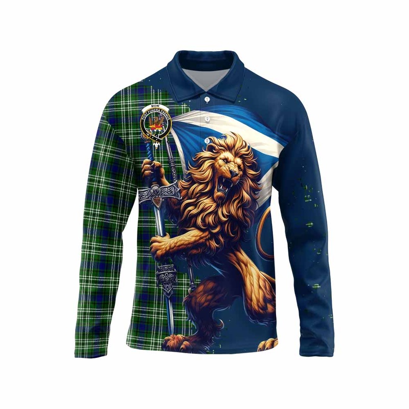 Mow Tartan Family Crest Long Sleeve Polo Shirt with Scottish Majestic Lion