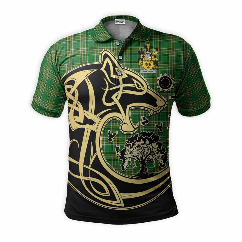 Mortimer Irish Tartan Polo Shirt with Coat of Arms Celtic Wolf Style