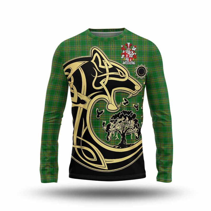 Morton Irish Tartan Long Sleeve T-Shirt with Coat of Arms Celtic Wolf Style