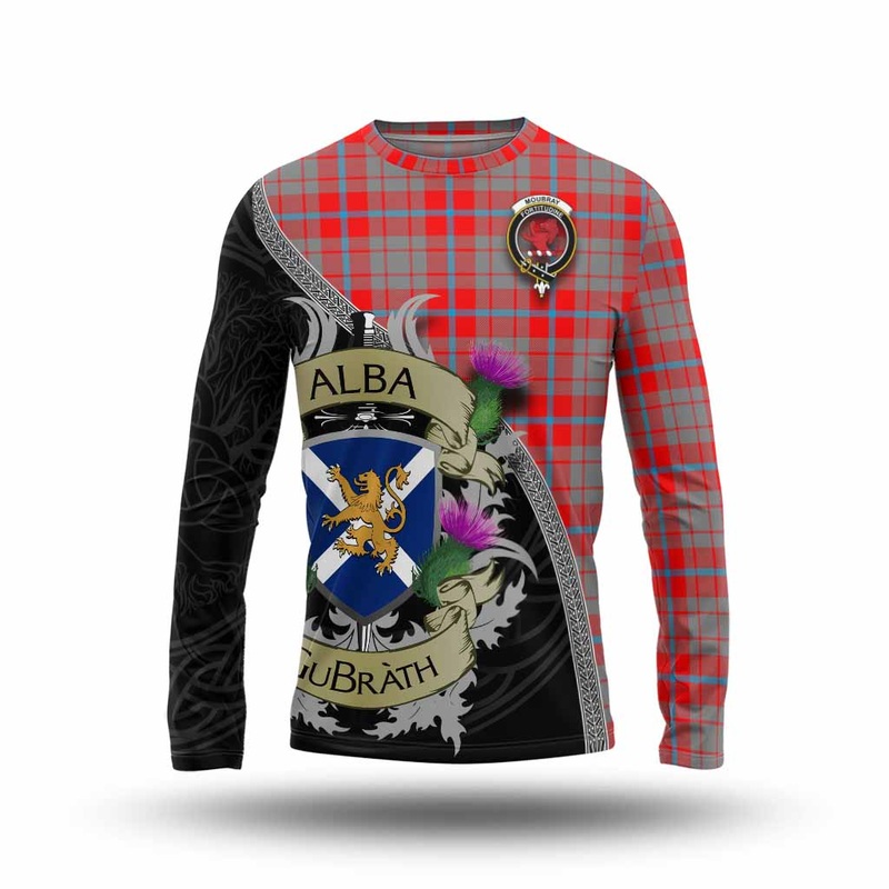 Moubray Tartan Family Crest Long Sleeve T-Shirt Lion Rampant Royal Thistle Shield Celtic Inspired