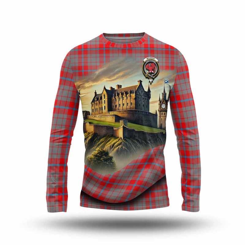 Moubray Tartan Family Crest Long Sleeve T-Shirt with Scottish Ancient Castle Style