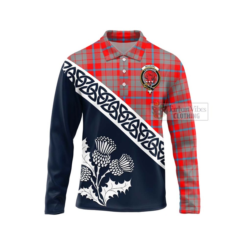 Moubray Tartan Long Sleeve Polo Shirt Featuring Thistle and Scotland Map
