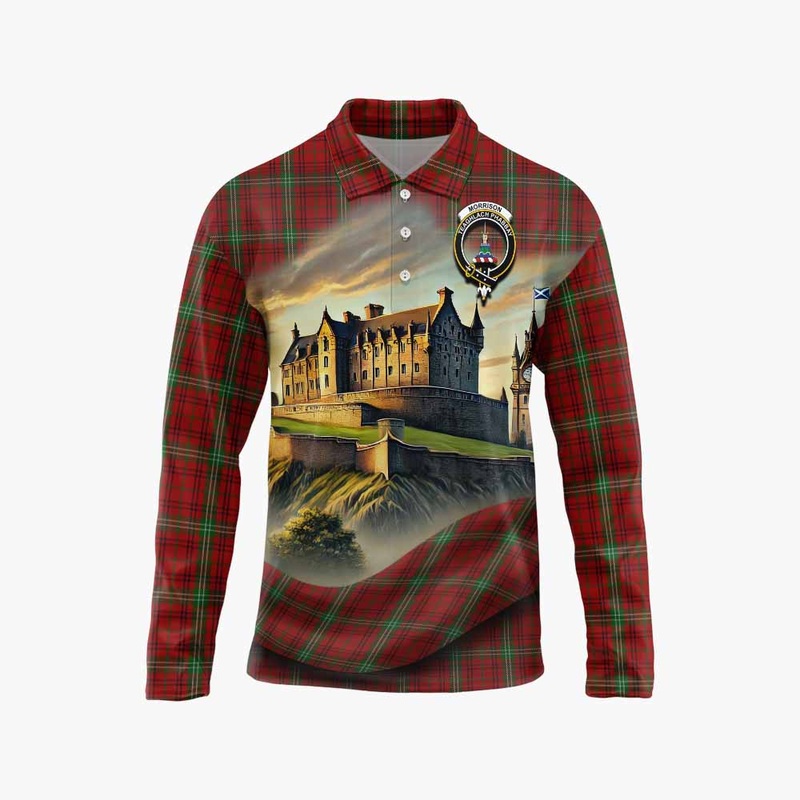 Morrison Tartan Family Crest Long Sleeve Polo Shirt with Scottish Ancient Castle Style