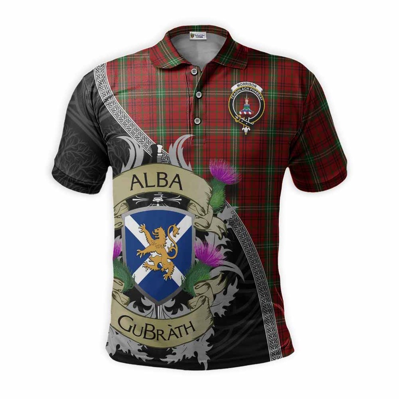 Morrison Tartan Family Crest Polo Shirt Lion Rampant Royal Thistle Shield Celtic Inspired