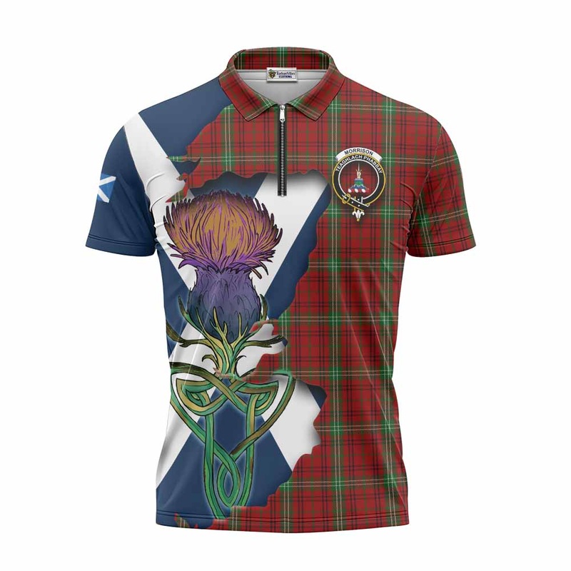 Morrison Tartan Family Crest Zipper Polo Shirt Scottish Thistle Celtic Inspired