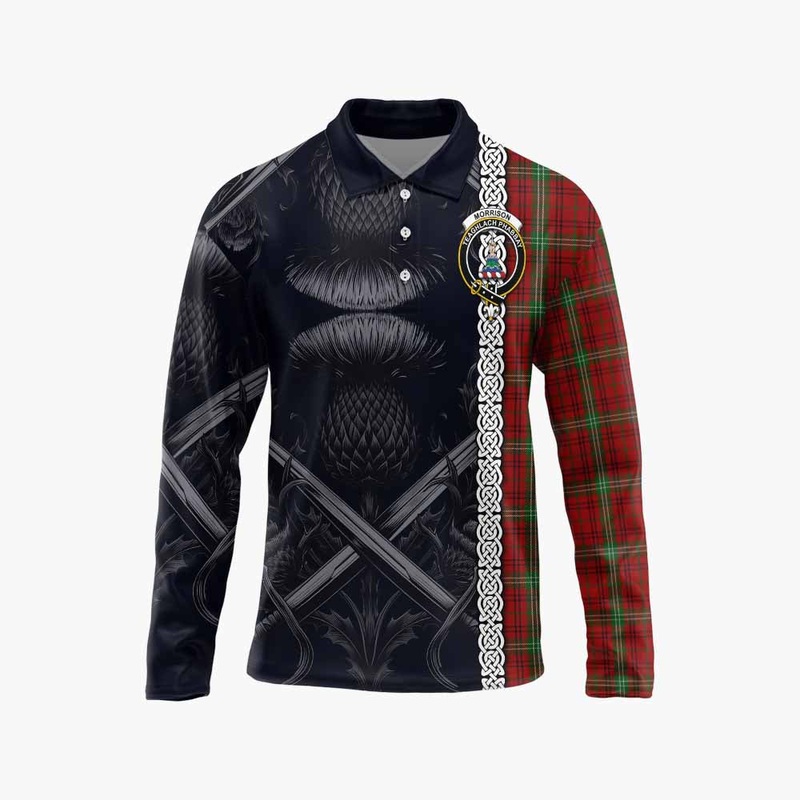 Morrison Tartan Long Sleeve Polo Shirt with Family Crest Cross Sword Thistle Celtic Vibes