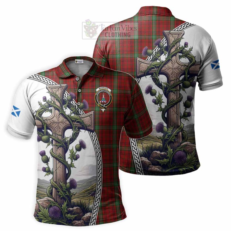 Morrison Tartan Polo Shirt with Family Crest and St. Andrew's Cross Accented by Thistle Vines