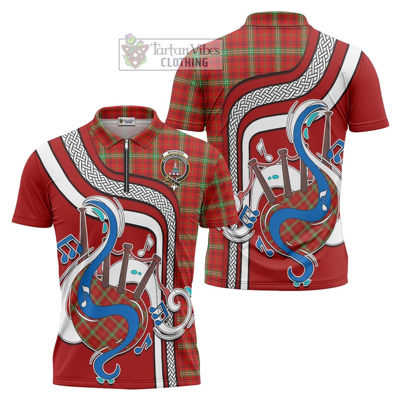 Morrison Red Modern Tartan Zipper Polo Shirt with Epic Bagpipe Style
