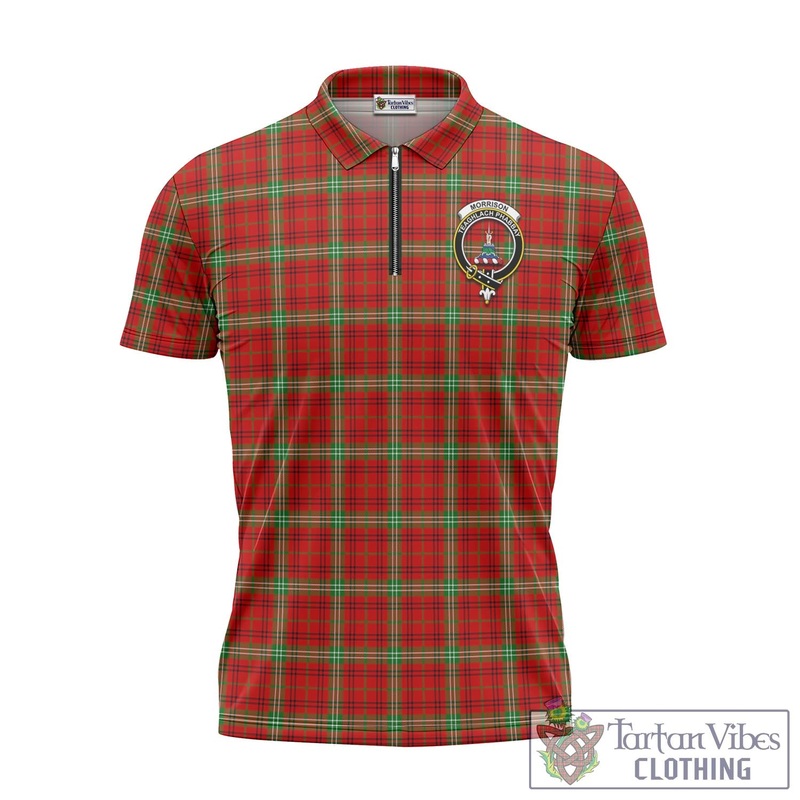 Morrison Red Modern Tartan Zipper Polo Shirt with Family Crest