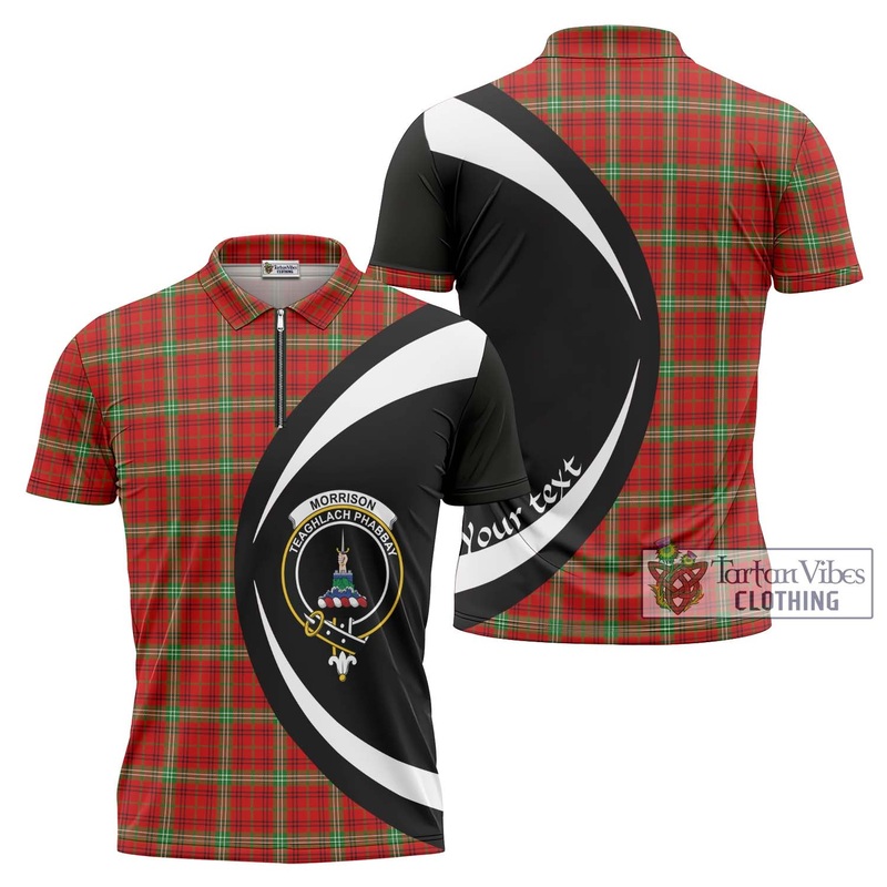 Morrison Red Modern Tartan Zipper Polo Shirt with Family Crest Circle Style