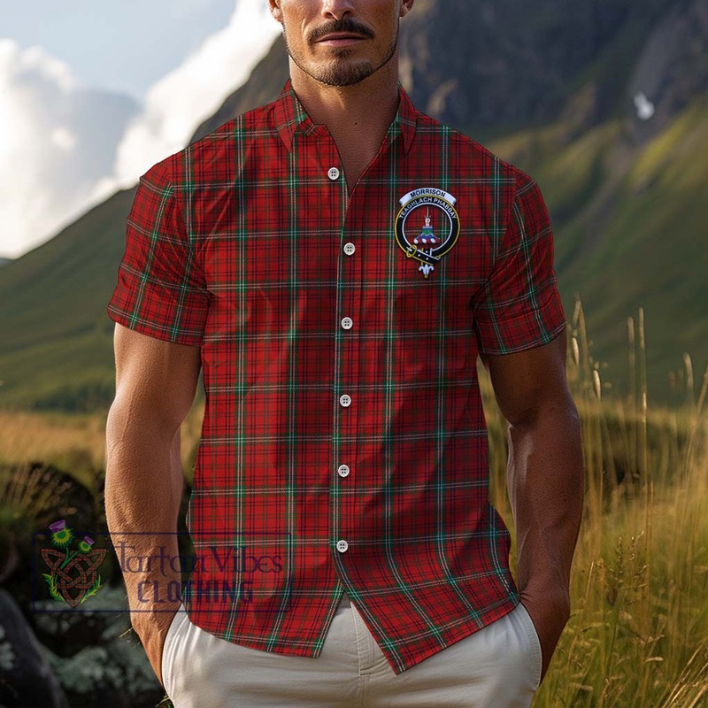 Morrison Red Tartan Cotton Hawaiian Shirt with Family Crest