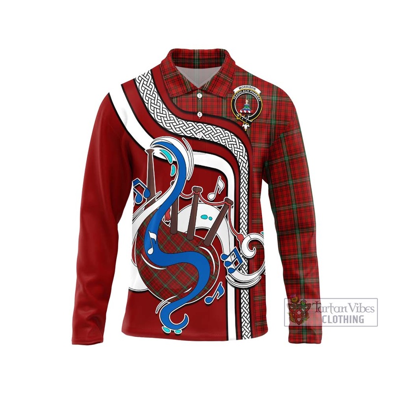 Morrison Red Tartan Long Sleeve Polo Shirt with Epic Bagpipe Style