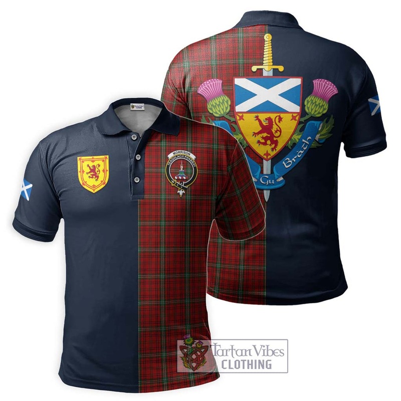 Morrison Red Tartan Polo Shirt Alba with Scottish Lion Royal Arm Half Style