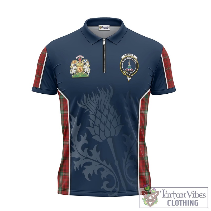 Morrison Red Tartan Zipper Polo Shirt with Family Crest and Scottish Thistle Vibes Sport Style