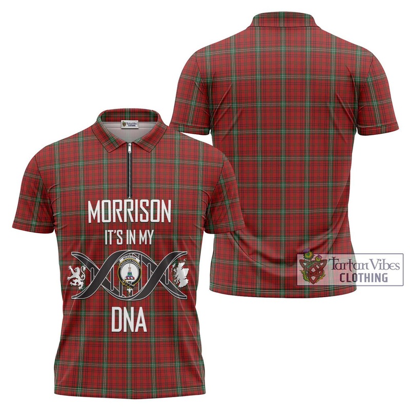 Morrison Red Tartan Zipper Polo Shirt with Family Crest DNA In Me Style