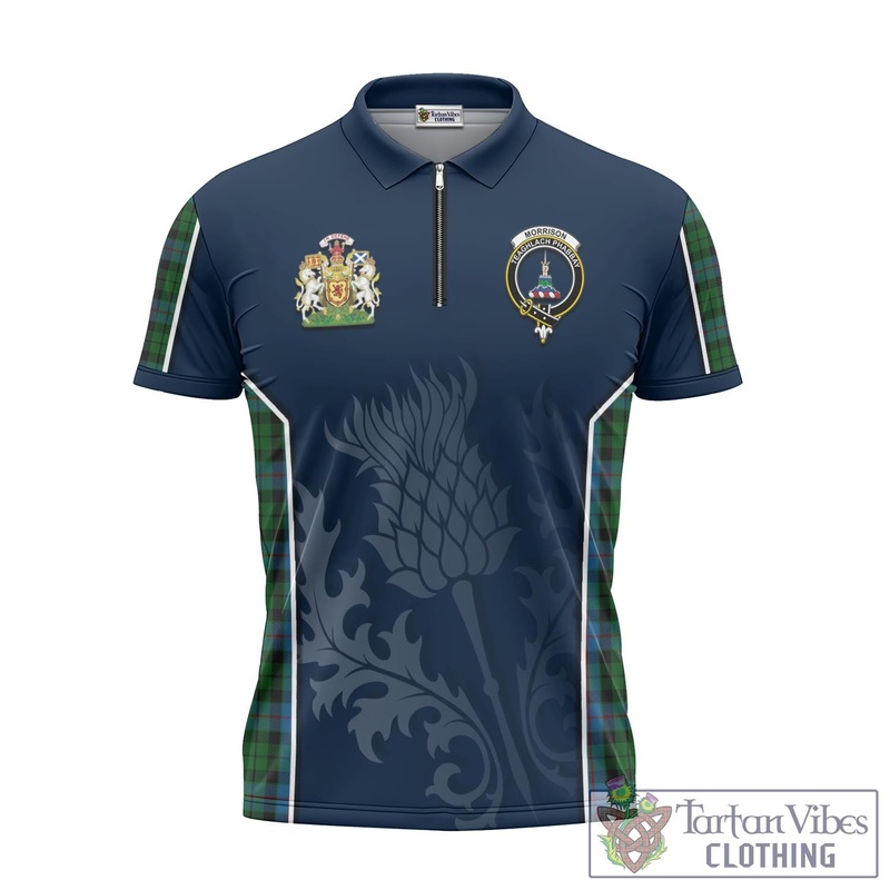 Morrison Society Tartan Zipper Polo Shirt with Family Crest and Scottish Thistle Vibes Sport Style