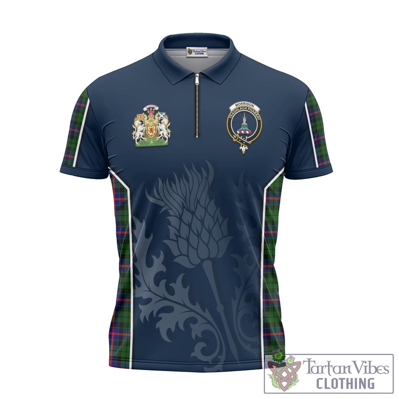 Morrison Modern Tartan Zipper Polo Shirt with Family Crest and Scottish Thistle Vibes Sport Style