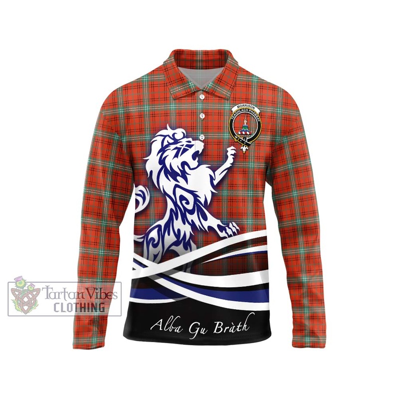 Morrison Red Ancient Tartan Long Sleeve Polo Shirt with Alba Gu Brath Regal Lion Emblem