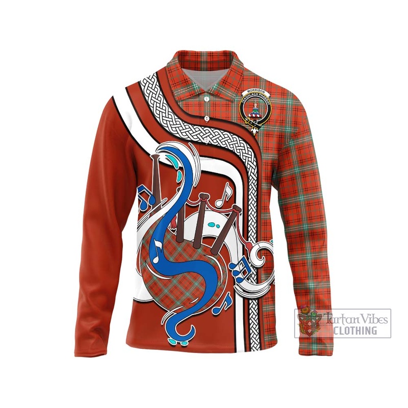 Morrison Red Ancient Tartan Long Sleeve Polo Shirt with Epic Bagpipe Style
