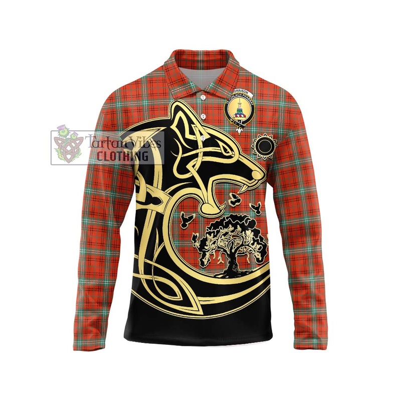 Morrison Red Ancient Tartan Long Sleeve Polo Shirt with Family Crest Celtic Wolf Style