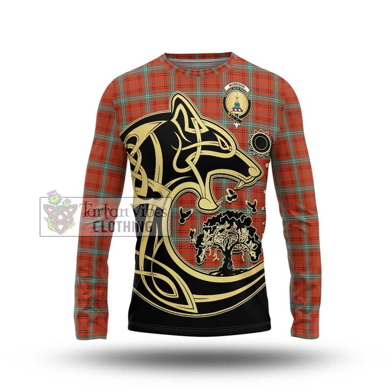 Morrison Red Ancient Tartan Long Sleeve T-Shirt with Family Crest Celtic Wolf Style