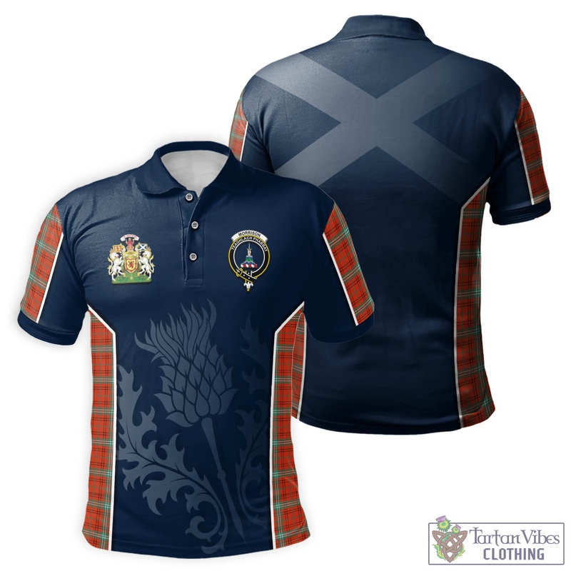 Morrison Red Ancient Tartan Men's Polo Shirt with Family Crest and Scottish Thistle Vibes Sport Style