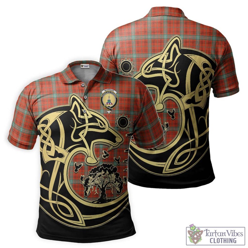 Morrison Red Ancient Tartan Polo Shirt with Family Crest Celtic Wolf Style