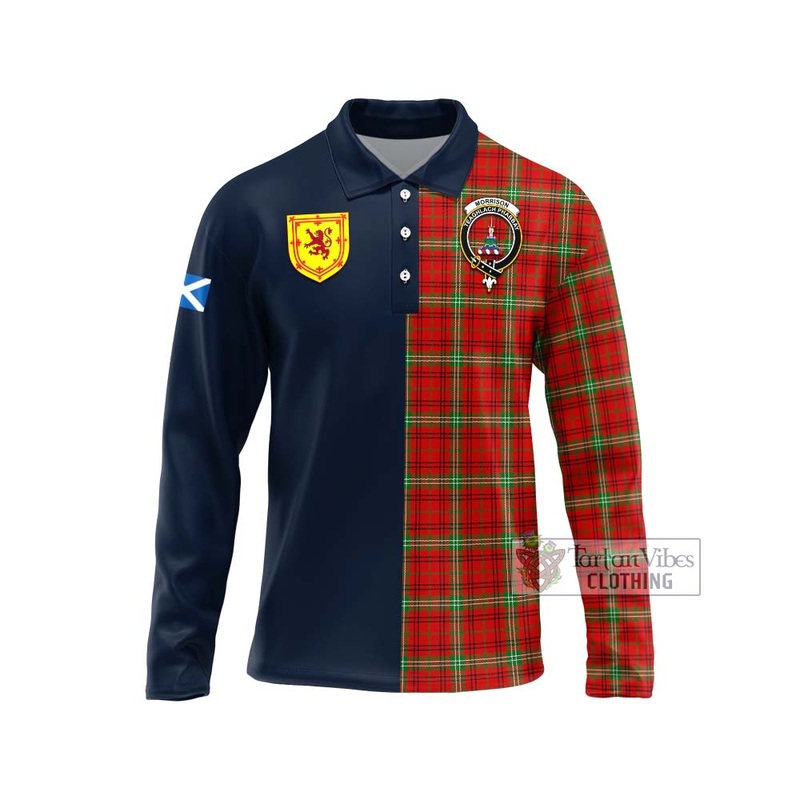 Morrison Red Modern Tartan Long Sleeve Polo Shirt Alba with Scottish Lion Royal Arm Half Style
