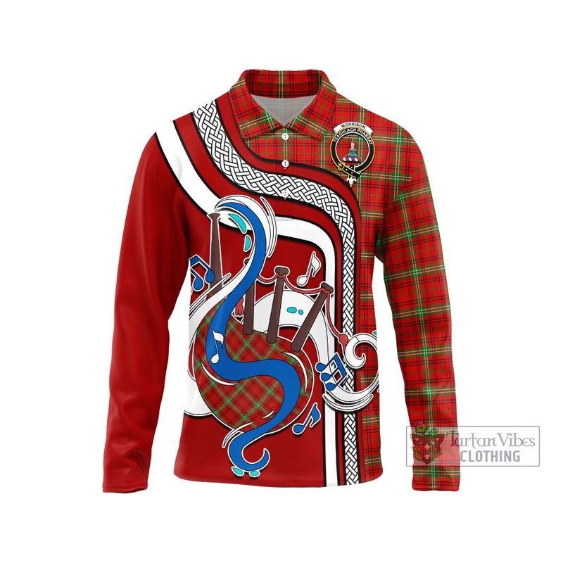 Morrison Red Modern Tartan Long Sleeve Polo Shirt with Epic Bagpipe Style