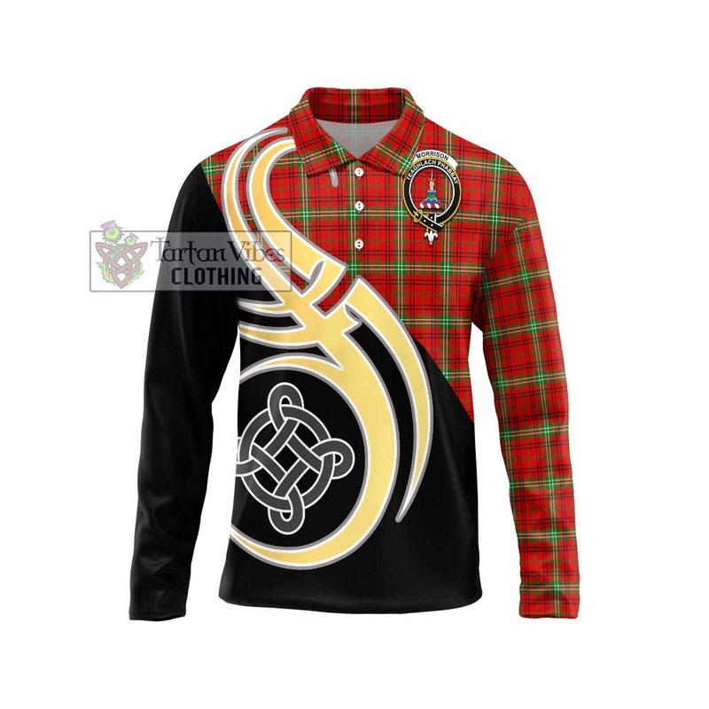 Morrison Red Modern Tartan Long Sleeve Polo Shirt with Family Crest and Celtic Symbol Style