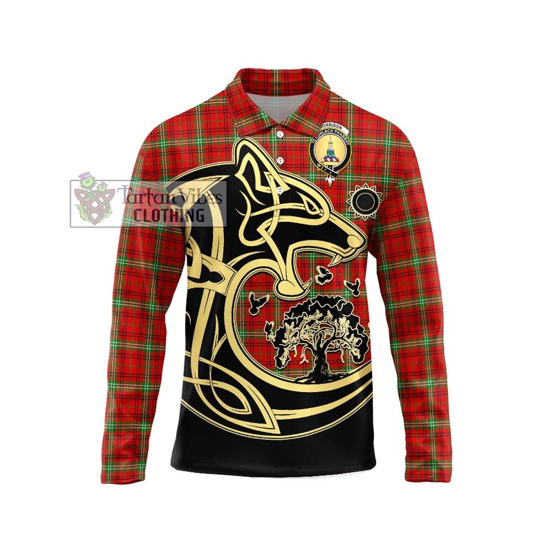 Morrison Red Modern Tartan Long Sleeve Polo Shirt with Family Crest Celtic Wolf Style