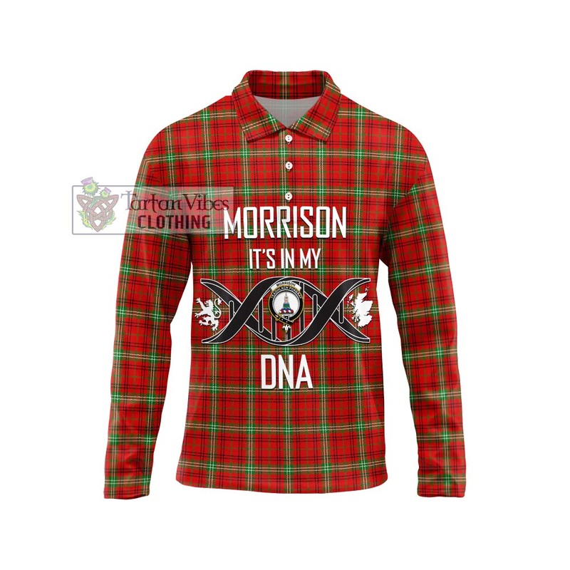 Morrison Red Modern Tartan Long Sleeve Polo Shirt with Family Crest DNA In Me Style