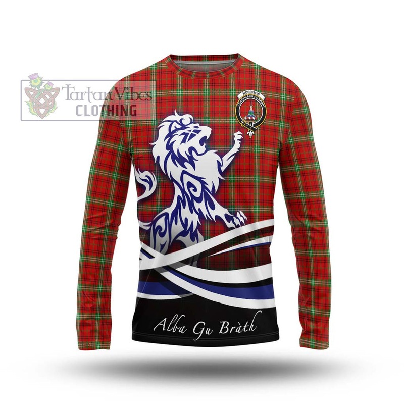 Morrison Red Modern Tartan Long Sleeve T-Shirt with Alba Gu Brath Regal Lion Emblem