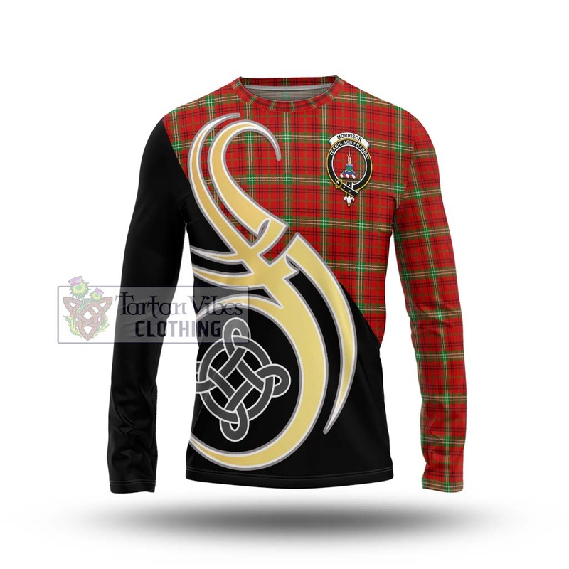 Morrison Red Modern Tartan Long Sleeve T-Shirt with Family Crest and Celtic Symbol Style