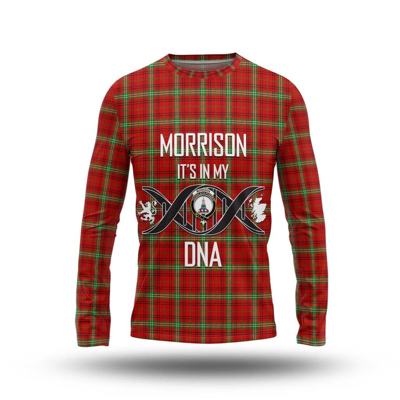 Morrison Red Modern Tartan Long Sleeve T-Shirt with Family Crest DNA In Me Style