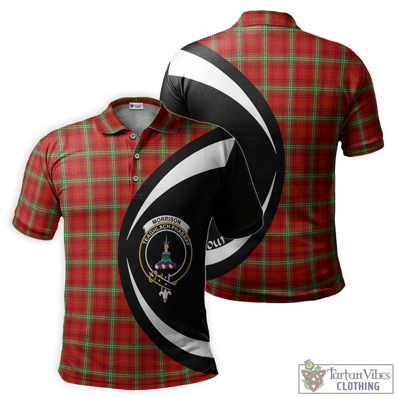Morrison Red Modern Tartan Men's Polo Shirt with Family Crest Circle Style