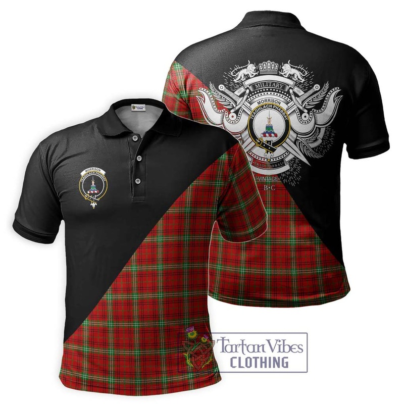 Morrison Red Modern Tartan Polo Shirt with Family Crest and Military Logo Style