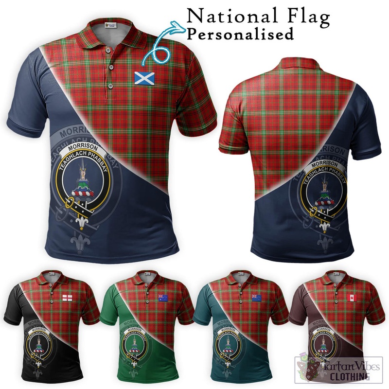 Morrison Red Modern Tartan Polo Shirt with Personalised National Flag and Family Crest Half Style
