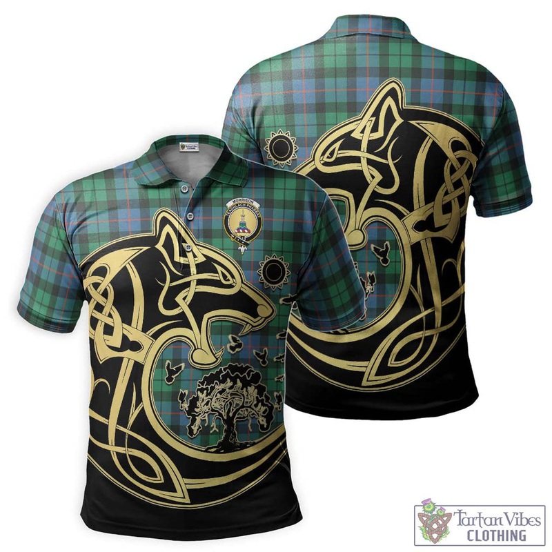 Morrison Ancient Tartan Polo Shirt with Family Crest Celtic Wolf Style