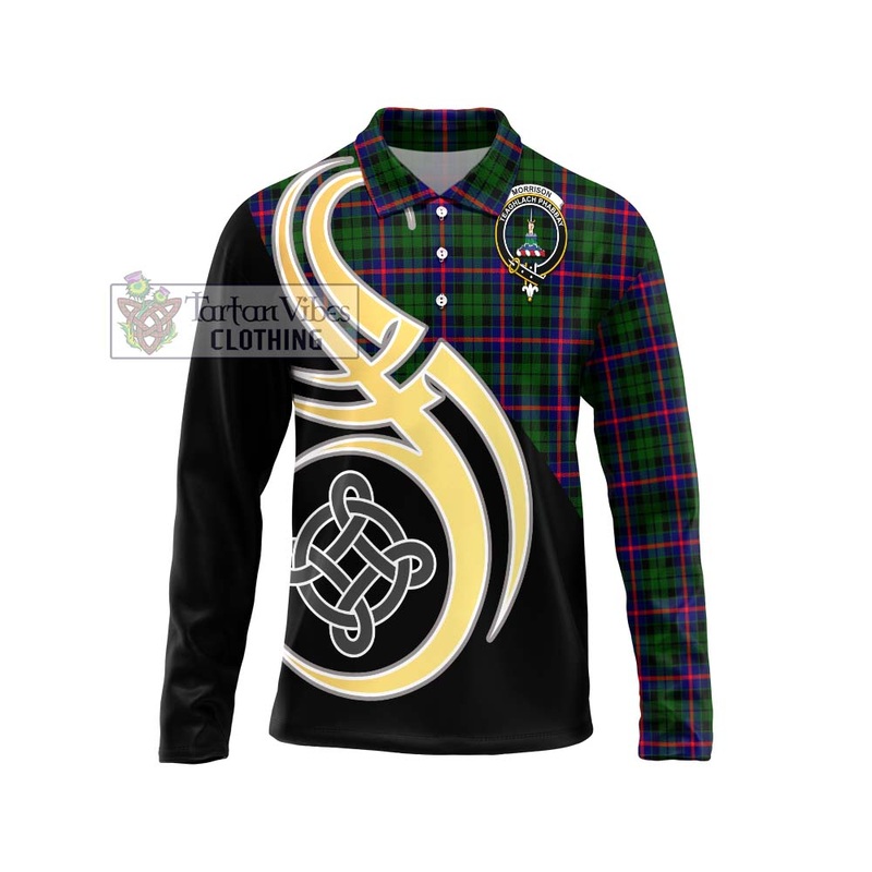 Morrison Modern Tartan Long Sleeve Polo Shirt with Family Crest and Celtic Symbol Style