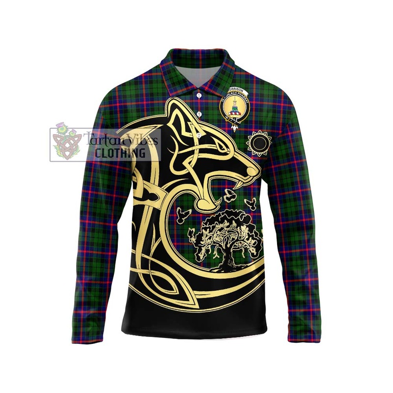 Morrison Modern Tartan Long Sleeve Polo Shirt with Family Crest Celtic Wolf Style