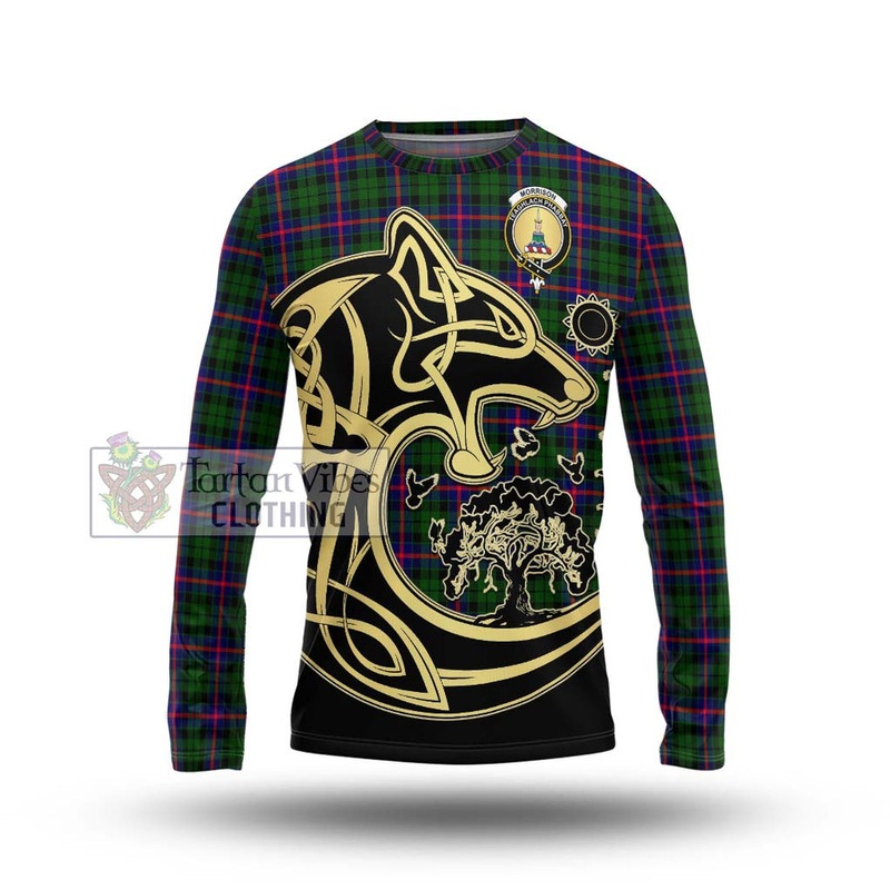 Morrison Modern Tartan Long Sleeve T-Shirt with Family Crest Celtic Wolf Style