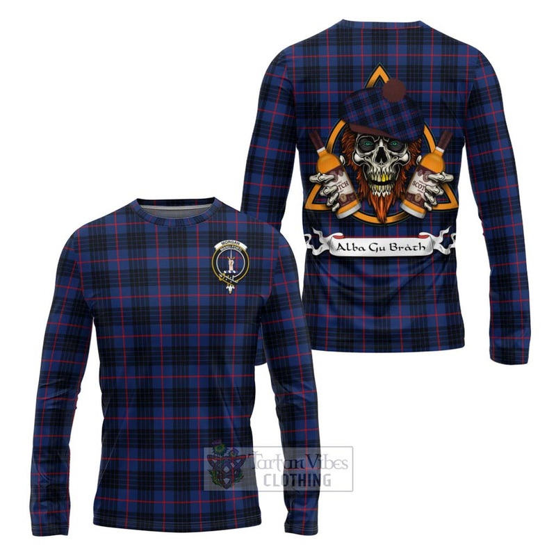 Morgan Tartan Long Sleeve T-Shirt with Family Crest and Bearded Skull Holding Bottles of Whiskey