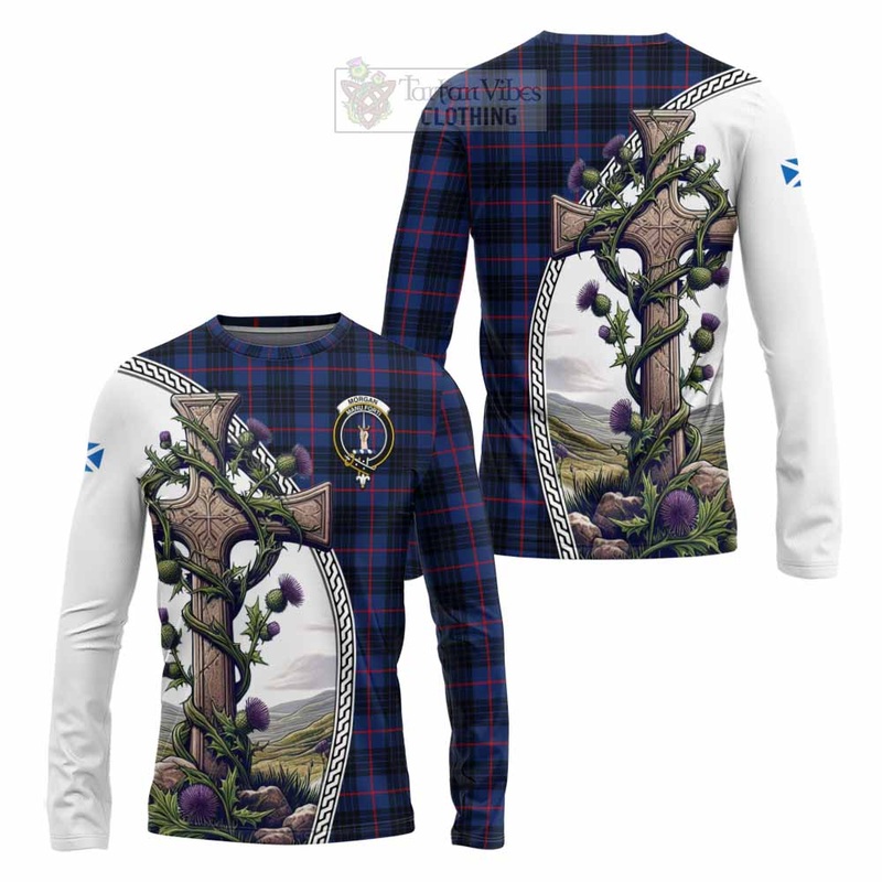 Morgan Tartan Long Sleeve T-Shirt with Family Crest and St. Andrew's Cross Accented by Thistle Vines