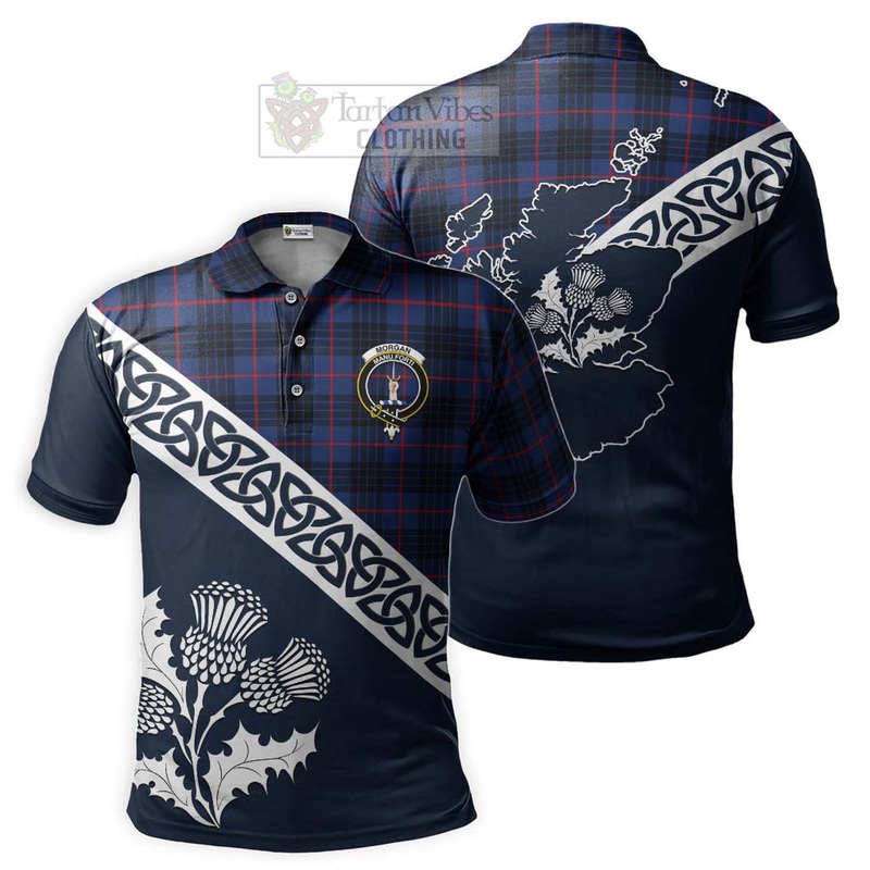 Morgan Tartan Polo Shirt Featuring Thistle and Scotland Map