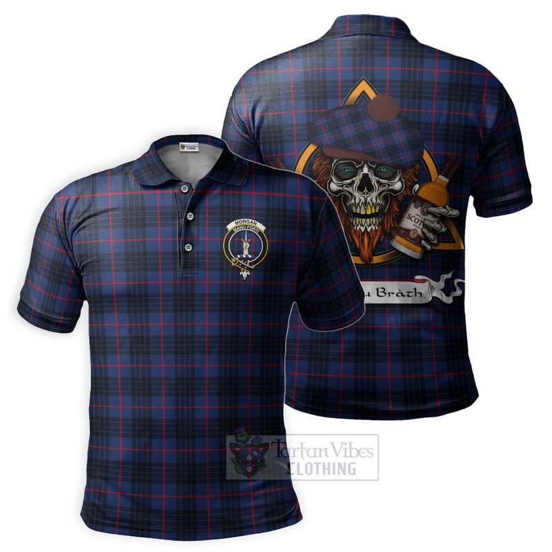 Morgan Tartan Polo Shirt with Family Crest and Bearded Skull Holding Bottles of Whiskey