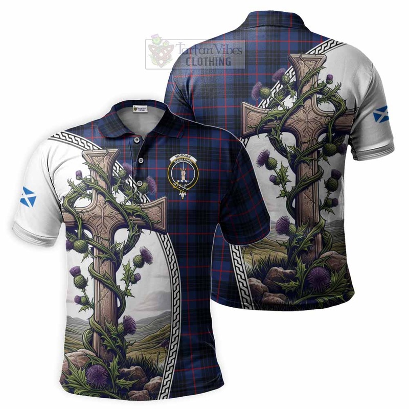 Morgan Tartan Polo Shirt with Family Crest and St. Andrew's Cross Accented by Thistle Vines