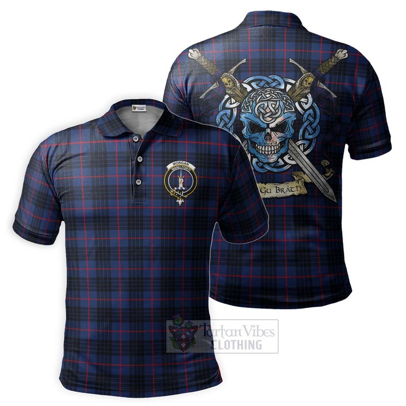 Morgan Tartan Polo Shirt with Family Crest Celtic Skull Style