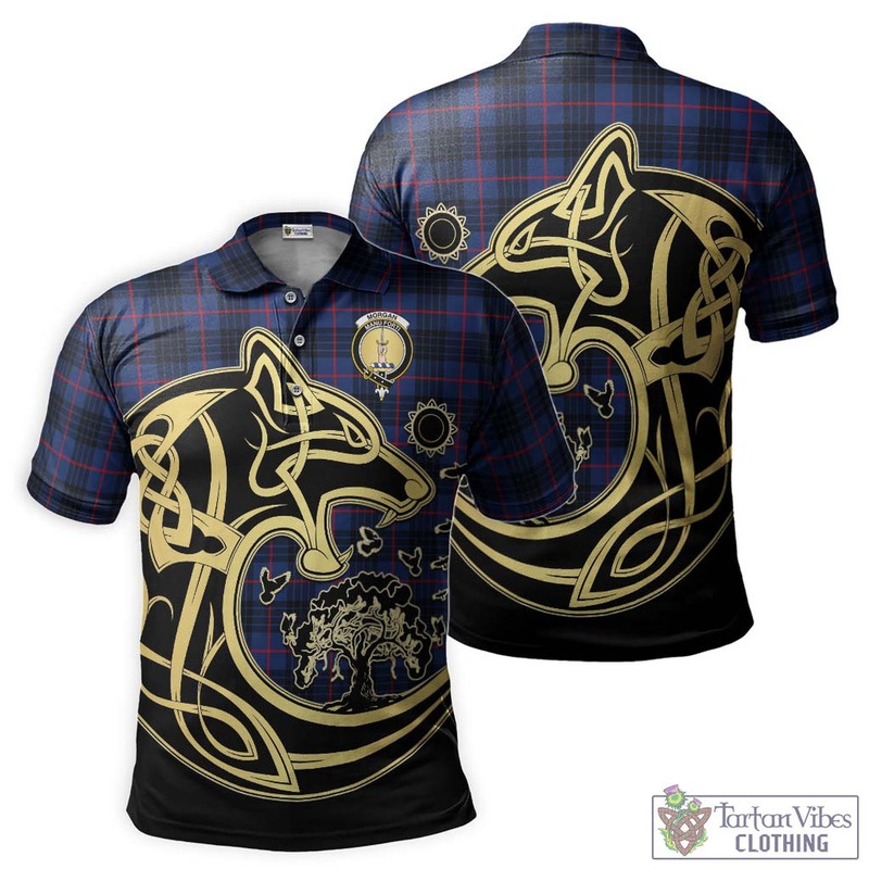 Morgan Tartan Polo Shirt with Family Crest Celtic Wolf Style